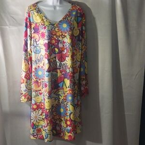 Vibrant Multicolored Fun Hippie Graphic Long Sleeve Dress Or Lounge Wear